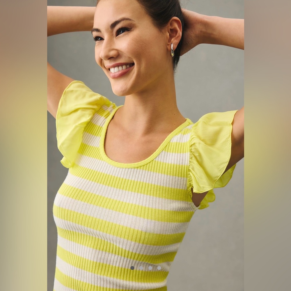 T.La Yellow and White Striped Ruffle Sleeve Tank